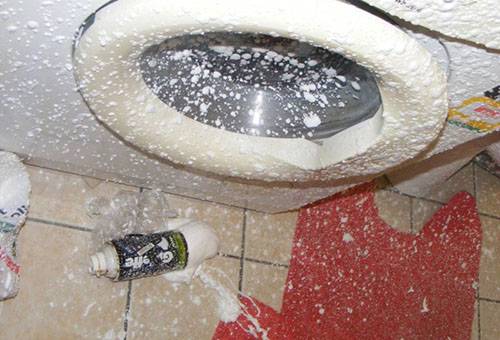 Exploded foam bottle in the bathroom exploded