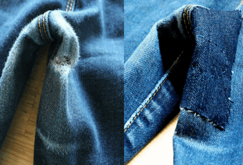 jeans before and after sewing on a patch