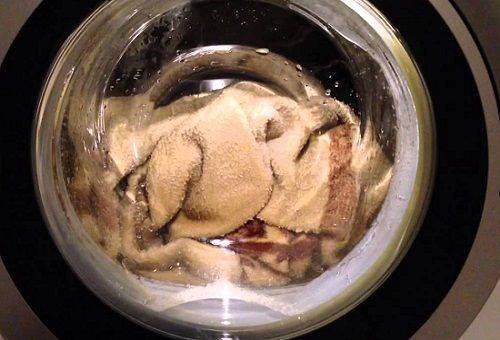 camel wool blanket in a washing machine