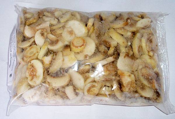 Frozen sliced champignons in a bag