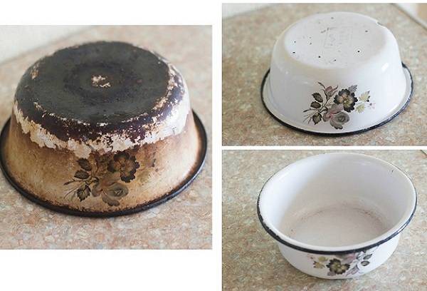 peeled enameled dishes