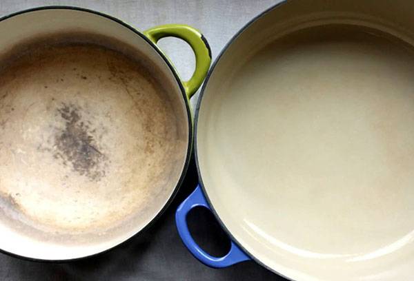 Enameled dishes before and after cleaning