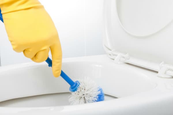 Cleaning the toilet with a brush
