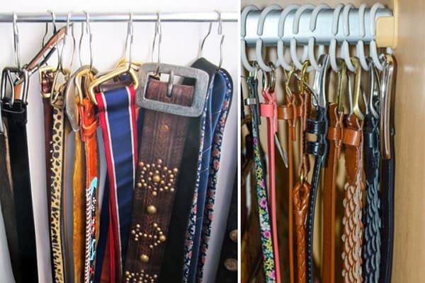 Belts on rings for a shower curtain