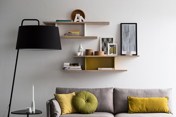 Wooden shelves in the living room