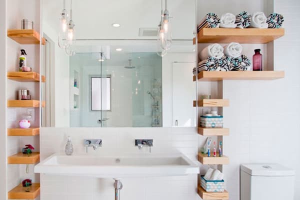 Wooden shelves in the bathroom