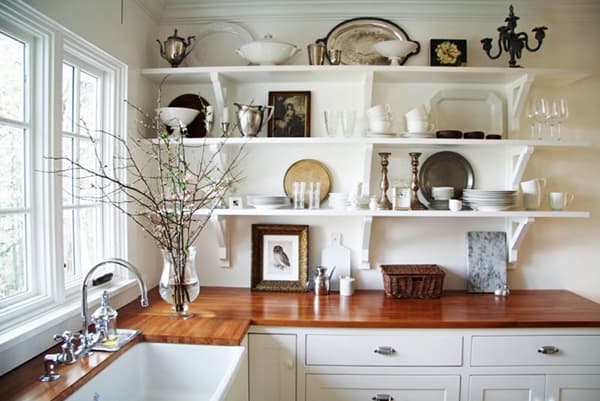 Shelves in the color of the walls in the kitchen