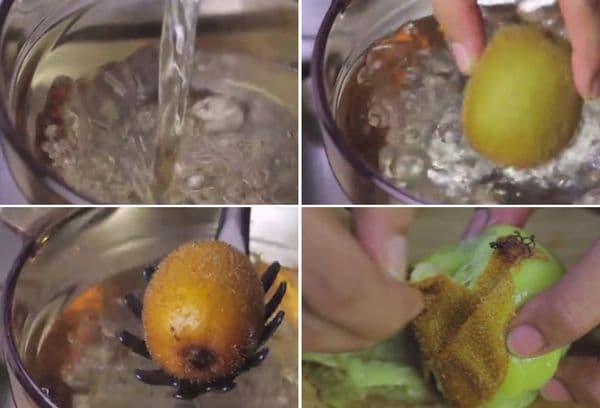 Cleaning kiwi with boiling water