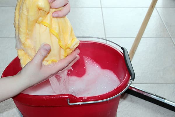 Woman squeezes a rag before washing