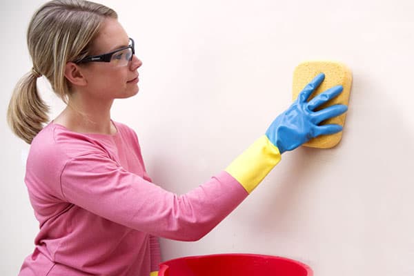 Girl washes a wall