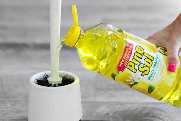 Cleaning a toilet brush with household cleaning products