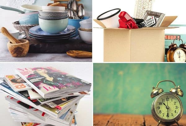 Old newspapers, dishes, watches and things