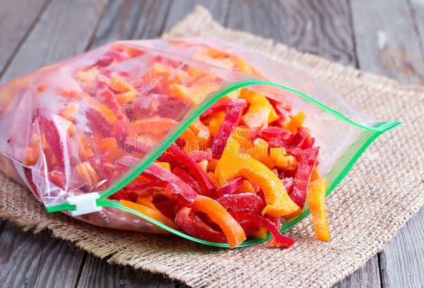 Frozen sliced peppers in a package