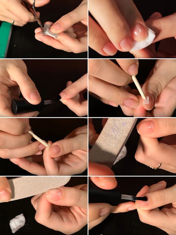 The process of repairing a nail with a tea bag