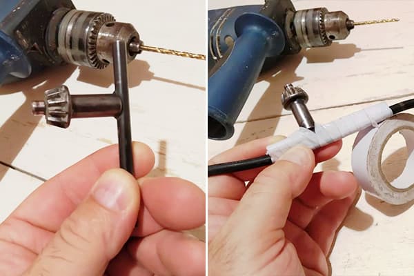 Fastening the key from the drill to the wire on electrical tape